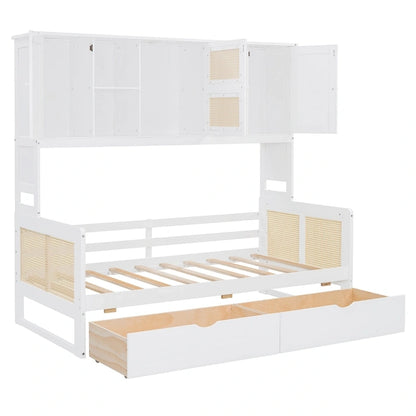 Twin Daybed with Storage Drawers, Cabinet, and Shelf, Sturdy Wood Construction