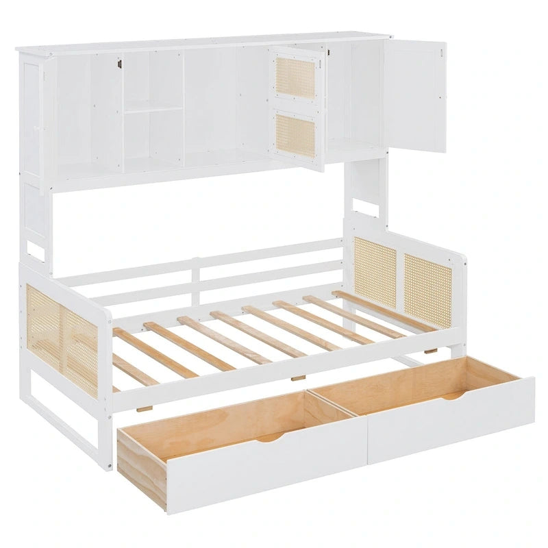 Twin Daybed with Storage Drawers, Cabinet, and Shelf, Sturdy Wood Construction
