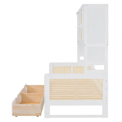 Twin Daybed with Storage Drawers, Cabinet, and Shelf, Sturdy Wood Construction