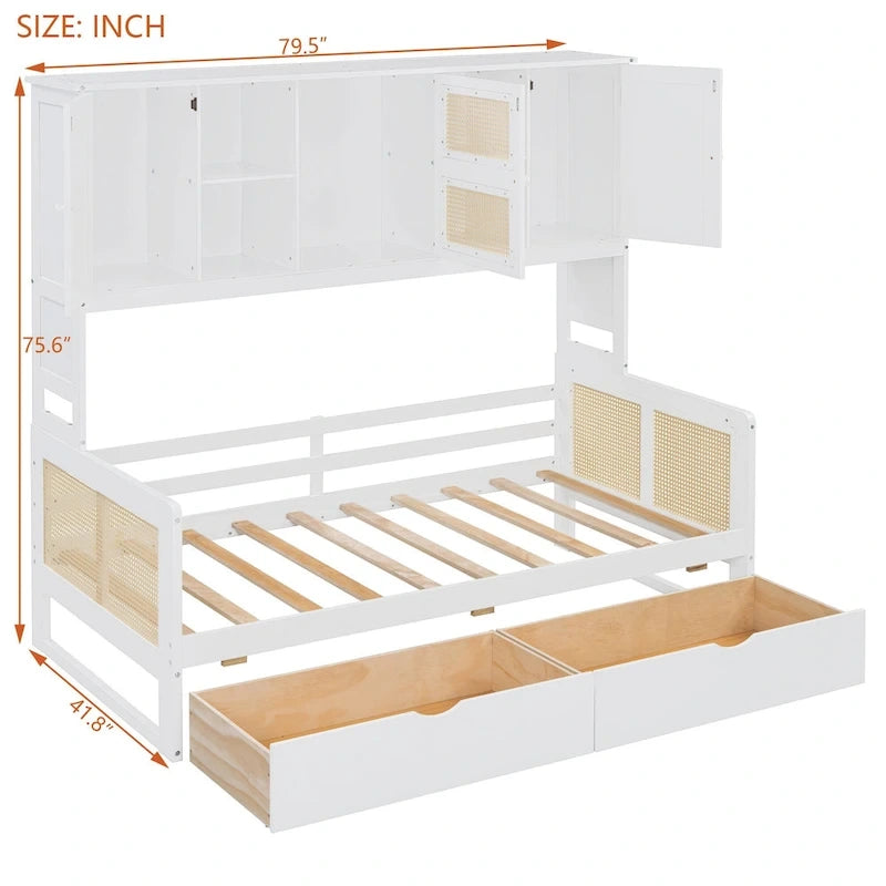 Twin Daybed with Storage Drawers, Cabinet, and Shelf, Sturdy Wood Construction
