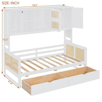 Twin Daybed with Storage Drawers, Cabinet, and Shelf, Sturdy Wood Construction