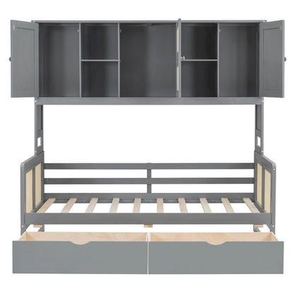 Twin Daybed with Storage Drawers, Cabinet, and Shelf, Sturdy Wood Construction