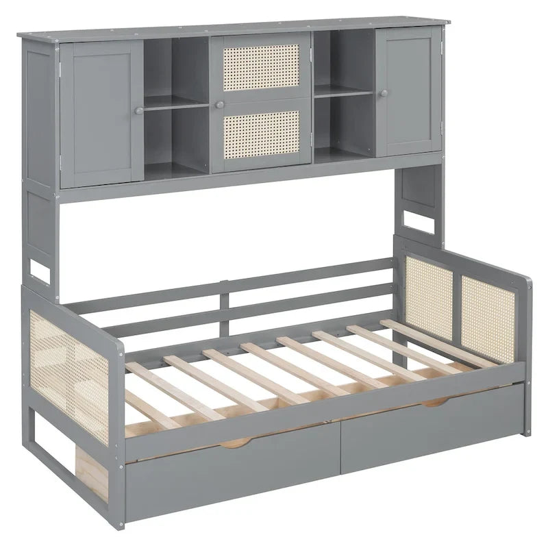Twin Daybed with Storage Drawers, Cabinet, and Shelf, Sturdy Wood Construction