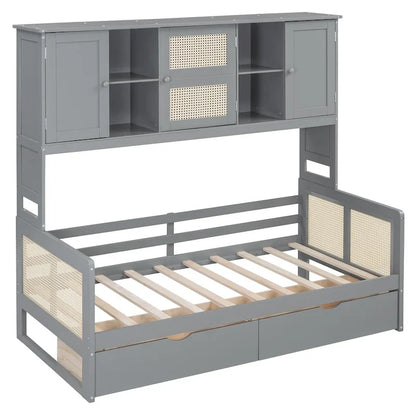 Twin Daybed with Storage Drawers, Cabinet, and Shelf, Sturdy Wood Construction