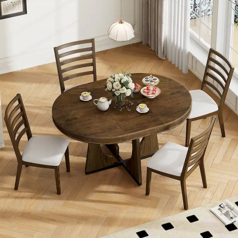 5 Piece Extendable Dining Table Set Retro Round Dining Table and Chair Sets with Geometric Design for Kitchen Dining Room