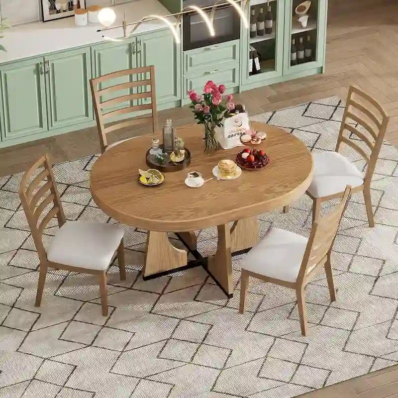 5 Piece Extendable Dining Table Set Retro Round Dining Table and Chair Sets with Geometric Design for Kitchen Dining Room