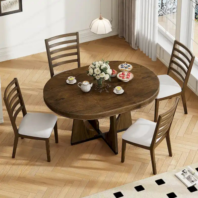 5 Piece Extendable Dining Table Set Retro Round Dining Table and Chair Sets with Geometric Design for Kitchen Dining Room