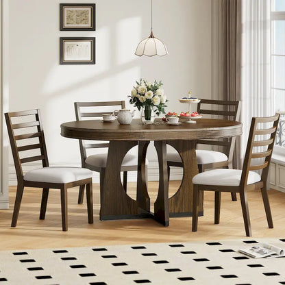 5 Piece Extendable Dining Table Set Retro Round Dining Table and Chair Sets with Geometric Design for Kitchen Dining Room