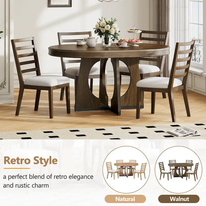 5 Piece Extendable Dining Table Set Retro Round Dining Table and Chair Sets with Geometric Design for Kitchen Dining Room