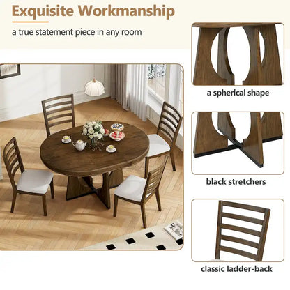 5 Piece Extendable Dining Table Set Retro Round Dining Table and Chair Sets with Geometric Design for Kitchen Dining Room