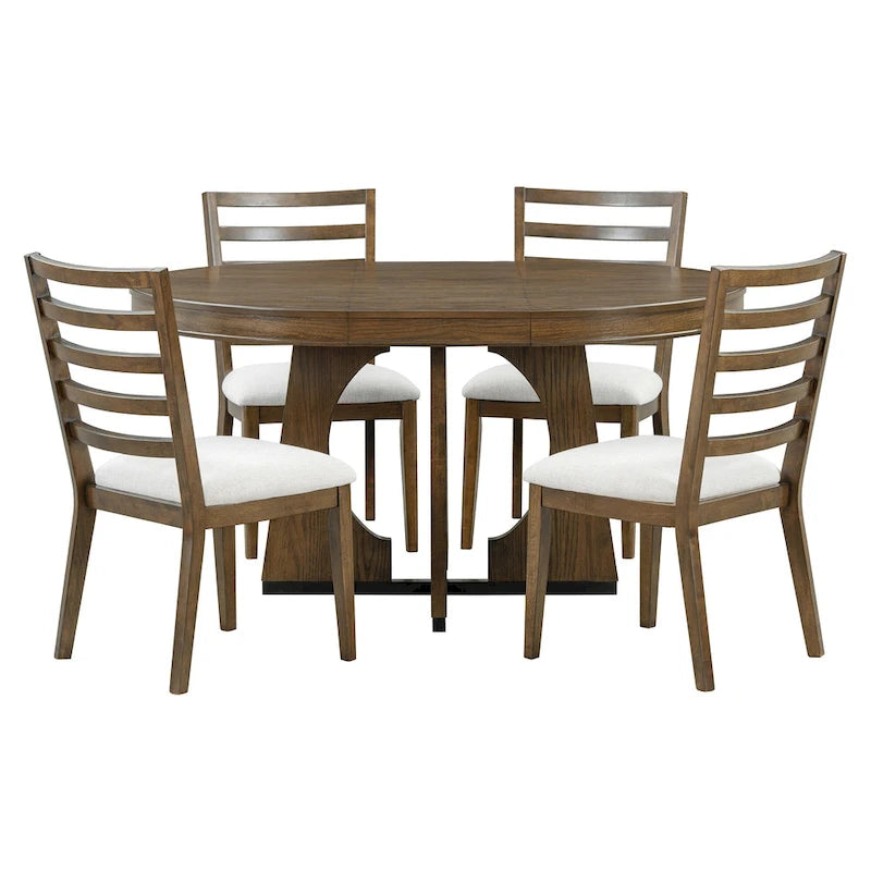 5 Piece Extendable Dining Table Set Retro Round Dining Table and Chair Sets with Geometric Design for Kitchen Dining Room