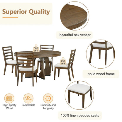 5 Piece Extendable Dining Table Set Retro Round Dining Table and Chair Sets with Geometric Design for Kitchen Dining Room