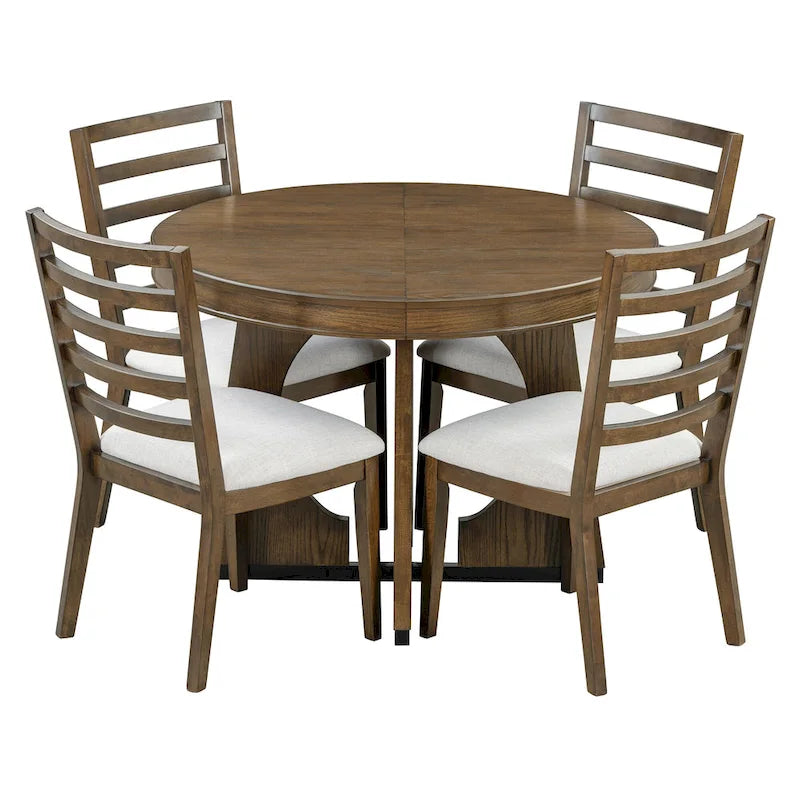 5 Piece Extendable Dining Table Set Retro Round Dining Table and Chair Sets with Geometric Design for Kitchen Dining Room