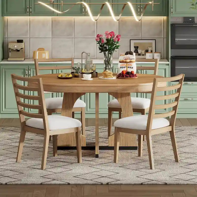 5 Piece Extendable Dining Table Set Retro Round Dining Table and Chair Sets with Geometric Design for Kitchen Dining Room