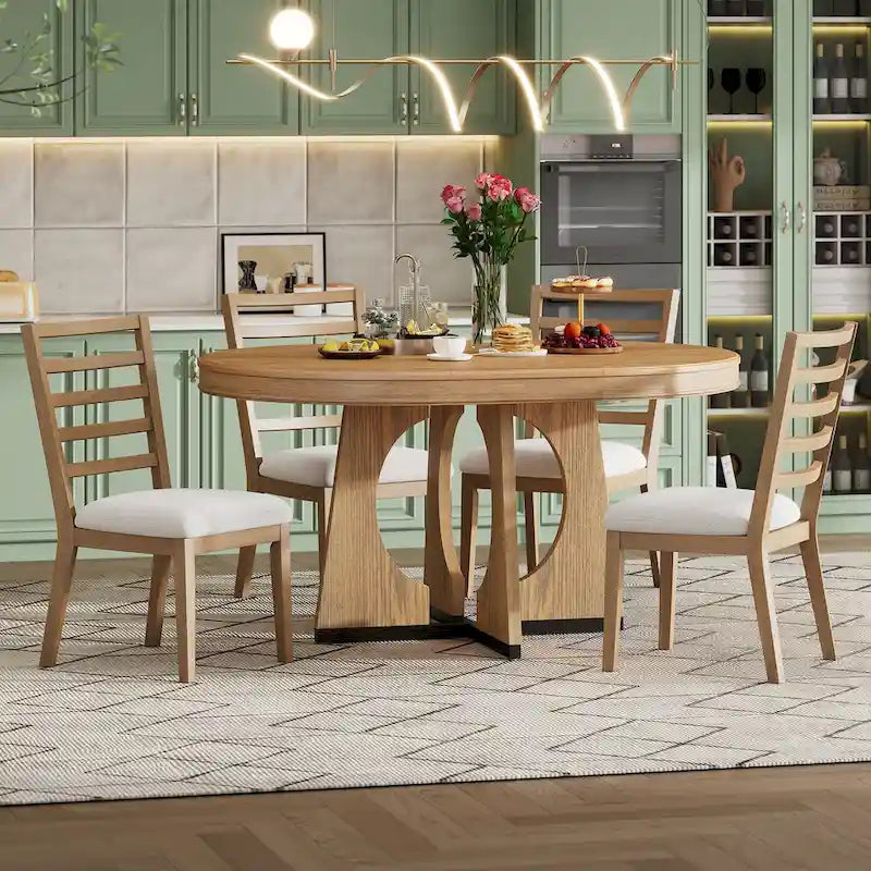 5 Piece Extendable Dining Table Set Retro Round Dining Table and Chair Sets with Geometric Design for Kitchen Dining Room