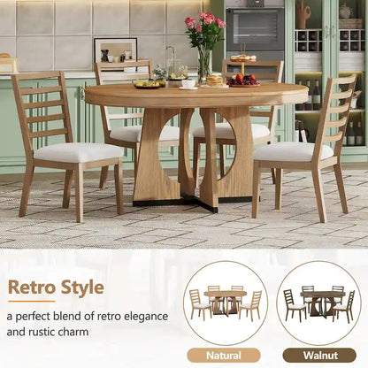 5 Piece Extendable Dining Table Set Retro Round Dining Table and Chair Sets with Geometric Design for Kitchen Dining Room