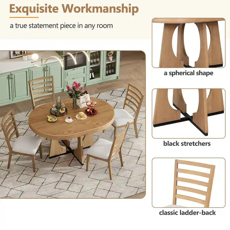 5 Piece Extendable Dining Table Set Retro Round Dining Table and Chair Sets with Geometric Design for Kitchen Dining Room