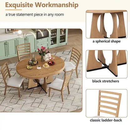 5 Piece Extendable Dining Table Set Retro Round Dining Table and Chair Sets with Geometric Design for Kitchen Dining Room