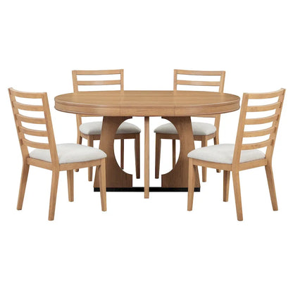 5 Piece Extendable Dining Table Set Retro Round Dining Table and Chair Sets with Geometric Design for Kitchen Dining Room
