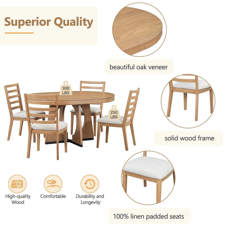 5 Piece Extendable Dining Table Set Retro Round Dining Table and Chair Sets with Geometric Design for Kitchen Dining Room