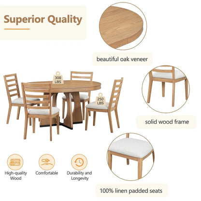 5 Piece Extendable Dining Table Set Retro Round Dining Table and Chair Sets with Geometric Design for Kitchen Dining Room