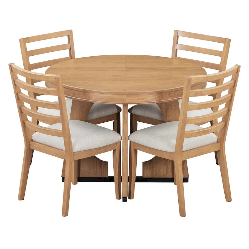 5 Piece Extendable Dining Table Set Retro Round Dining Table and Chair Sets with Geometric Design for Kitchen Dining Room