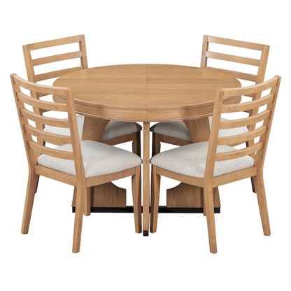 5 Piece Extendable Dining Table Set Retro Round Dining Table and Chair Sets with Geometric Design for Kitchen Dining Room