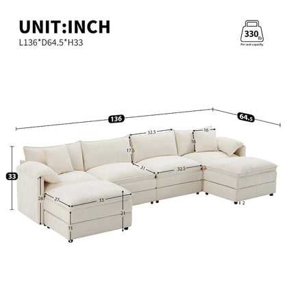 136 U-Shaped Chenille Cloud Sectional Sofa with Dual Ottomans