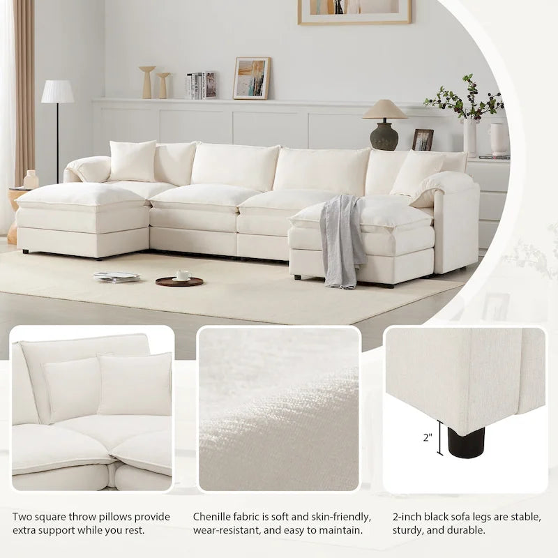 136 U-Shaped Chenille Cloud Sectional Sofa with Dual Ottomans
