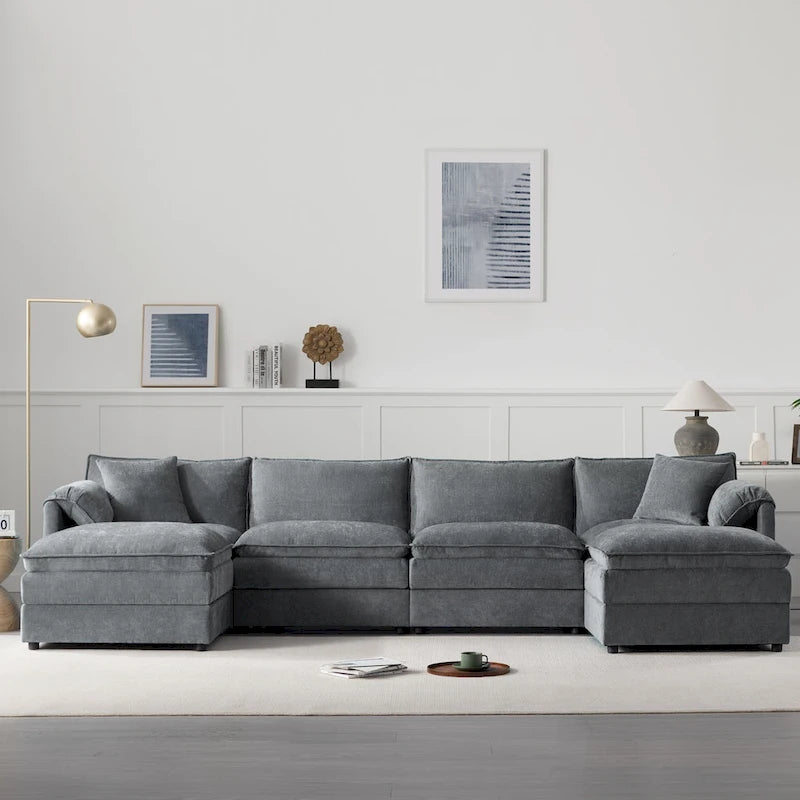 136 U-Shaped Chenille Cloud Sectional Sofa with Dual Ottomans