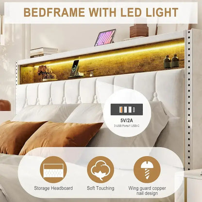 Velvet Upholstered Platform Bed Frame with Storage Headboard and Nailhead Trim Wingback