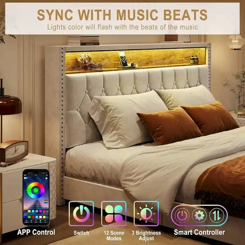 Velvet Upholstered Platform Bed Frame with Storage Headboard and Nailhead Trim Wingback