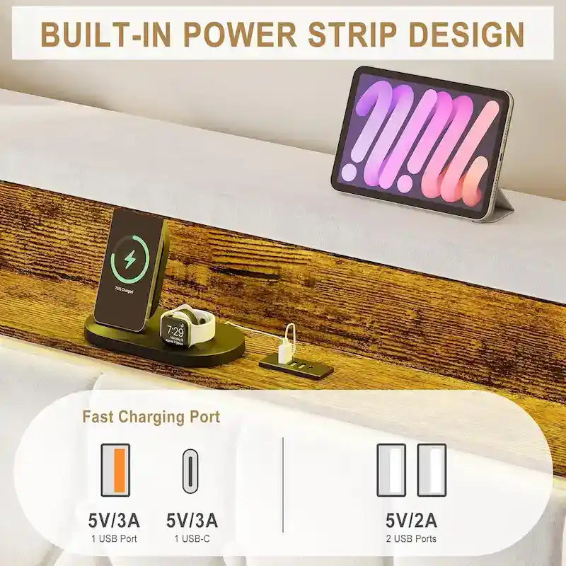 Velvet Upholstered Platform Bed Frame with Storage Headboard and Nailhead Trim Wingback