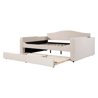 Full Size Upholstered Daybed with Storage Armrests, Trundle and Latest Integrated Bluetooth Audio System, Teddy Fleece, Pink