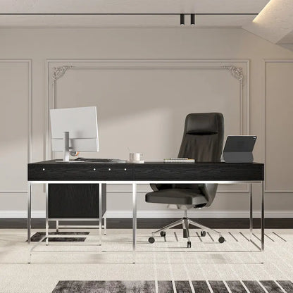 L-Shaped Black Wood Grain Office Desk with Drawers,Steel Frame, Modern Executive Workstation