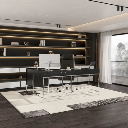 L-Shaped Black Wood Grain Office Desk with Drawers,Steel Frame, Modern Executive Workstation