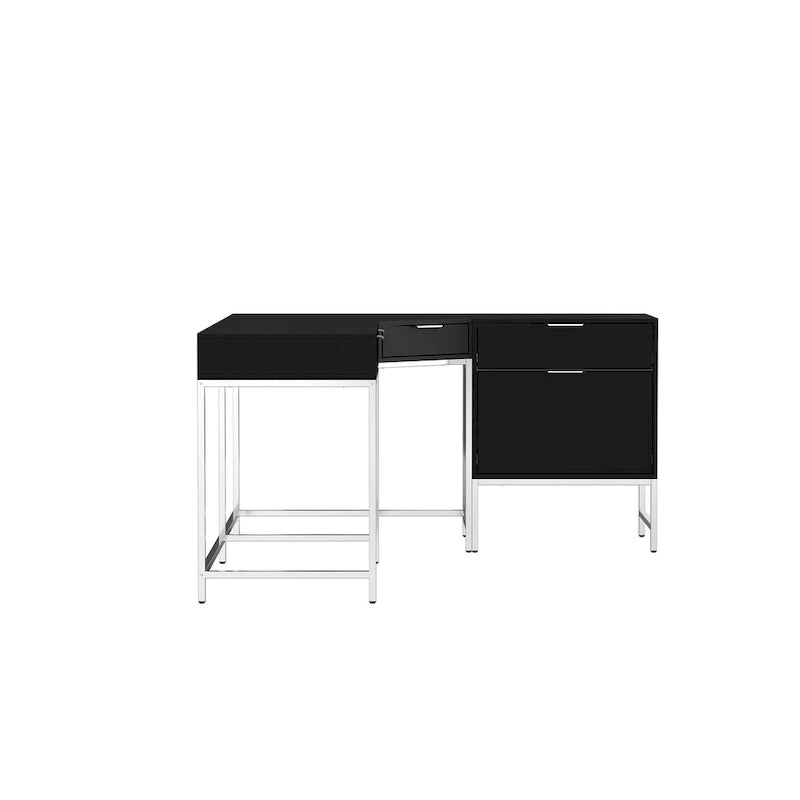 L-Shaped Black Wood Grain Office Desk with Drawers,Steel Frame, Modern Executive Workstation