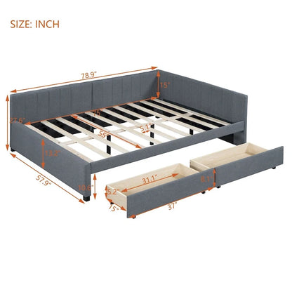 Gray Modern Full Size Upholstered Daybed with Two Storage Drawers for Bedroom