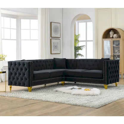 Black 82.2 Velvet Chesterfield L-Shaped Sofa for 5 with Nailhead Trim and Tufted Cushions