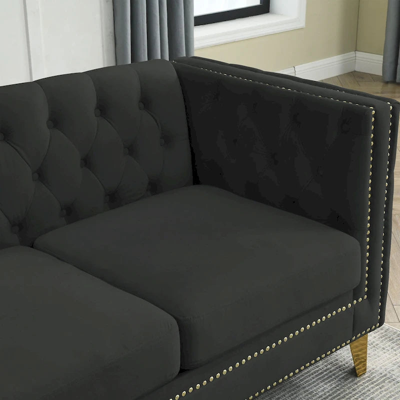 Black 82.2 Velvet Chesterfield L-Shaped Sofa for 5 with Nailhead Trim and Tufted Cushions