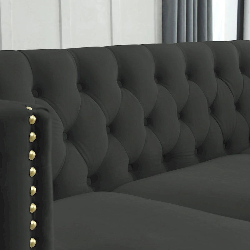 Black 82.2 Velvet Chesterfield L-Shaped Sofa for 5 with Nailhead Trim and Tufted Cushions