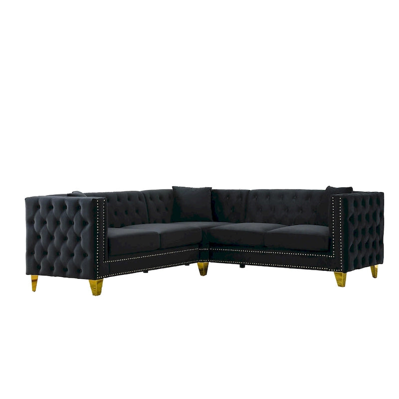 Black 82.2 Velvet Chesterfield L-Shaped Sofa for 5 with Nailhead Trim and Tufted Cushions