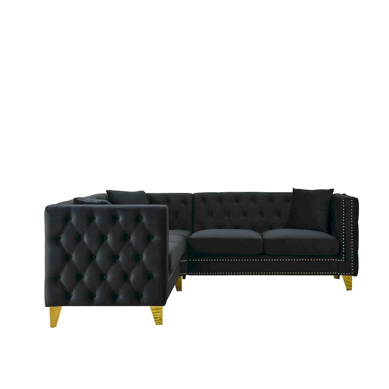Black 82.2 Velvet Chesterfield L-Shaped Sofa for 5 with Nailhead Trim and Tufted Cushions