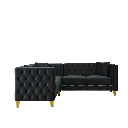 Black 82.2 Velvet Chesterfield L-Shaped Sofa for 5 with Nailhead Trim and Tufted Cushions