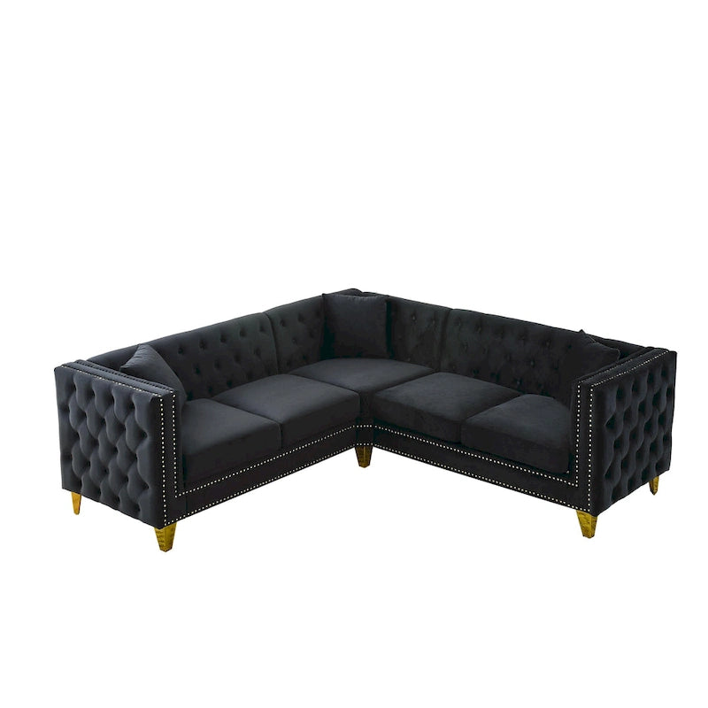 Black 82.2 Velvet Chesterfield L-Shaped Sofa for 5 with Nailhead Trim and Tufted Cushions