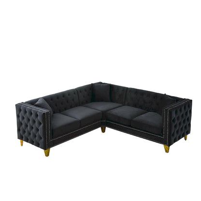 Black 82.2 Velvet Chesterfield L-Shaped Sofa for 5 with Nailhead Trim and Tufted Cushions