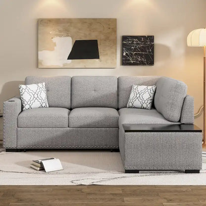 83.8 L-Shaped 4-Seat Sectional Sofa with Pull-Out Bed, Storage Chaise, USB Ports, Power Sockets, and Cup Holders