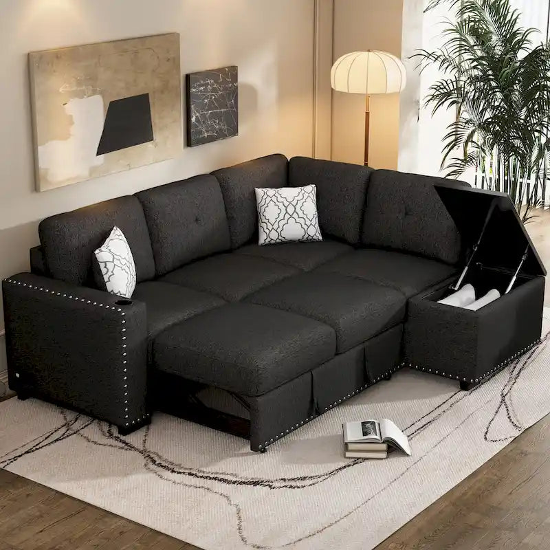 83.8 L-Shaped 4-Seat Sectional Sofa with Pull-Out Bed, Storage Chaise, USB Ports, Power Sockets, and Cup Holders