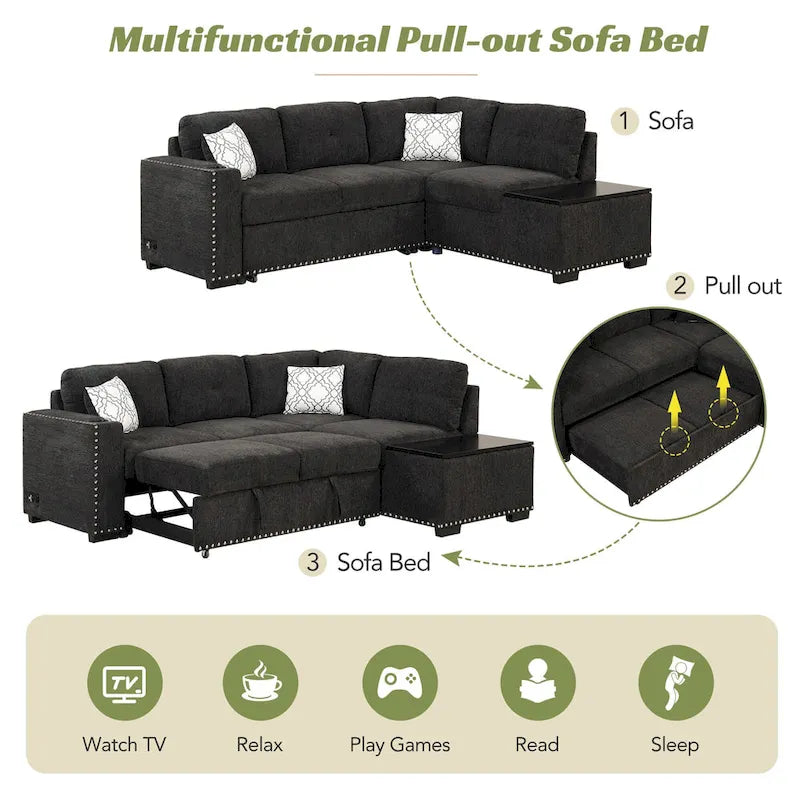 83.8 L-Shaped 4-Seat Sectional Sofa with Pull-Out Bed, Storage Chaise, USB Ports, Power Sockets, and Cup Holders