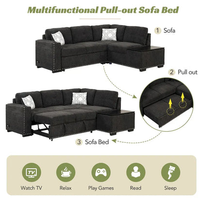83.8 L-Shaped 4-Seat Sectional Sofa with Pull-Out Bed, Storage Chaise, USB Ports, Power Sockets, and Cup Holders